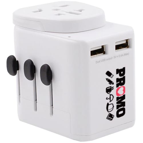 Promotional Explorer USB Travel Adaptor Plugs in White with a printed logo