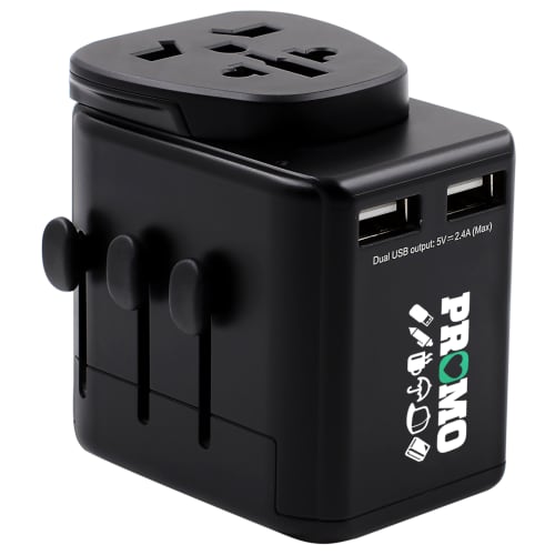 Promotional Explorer USB Travel Adaptor Plugs in black with a printed logo