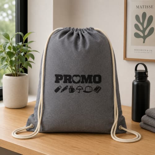 Lifestyle image of the Newchurch Recycled Cotton Drawstring Bags by Total Merchandise
