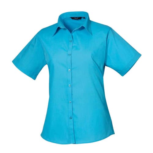 Ladies Short Sleeve Poplin Blouse in Turquoise Blue