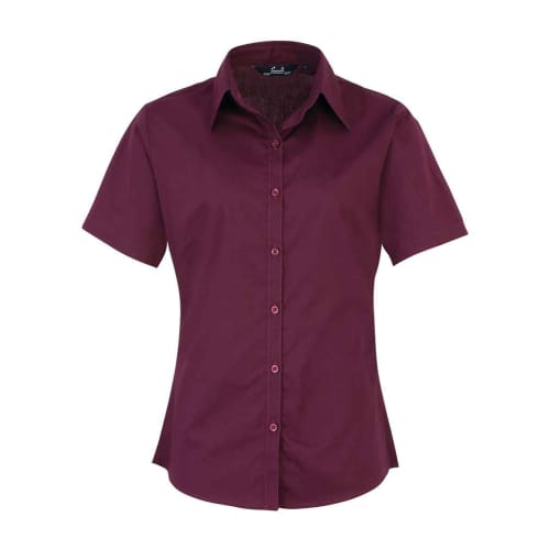 Ladies Short Sleeve Poplin Blouse in Aubergine