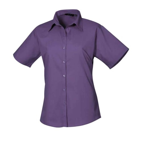 Ladies Short Sleeve Poplin Blouse in Purple