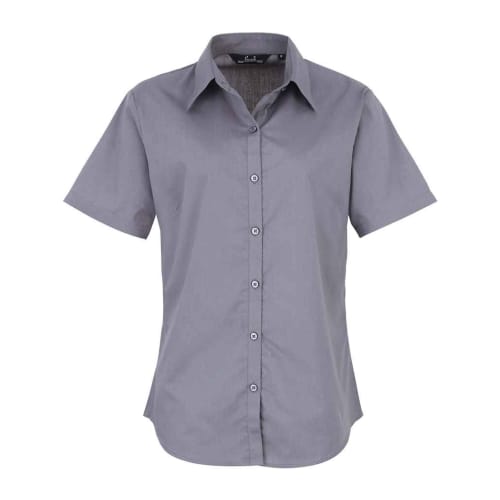 Ladies Short Sleeve Poplin Blouse in Steel