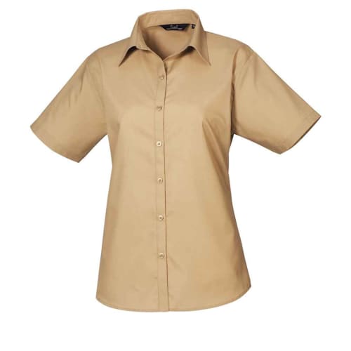 Ladies Short Sleeve Poplin Blouse in Khaki