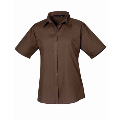 Ladies Short Sleeve Poplin Blouse in Brown