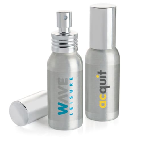 Custom branded Aluminium Hand Sanitiser Spray with a design printed to a label