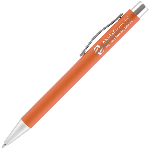 Corporate branded Travis Soft Touch Ballpens with soft feel barrels in amber