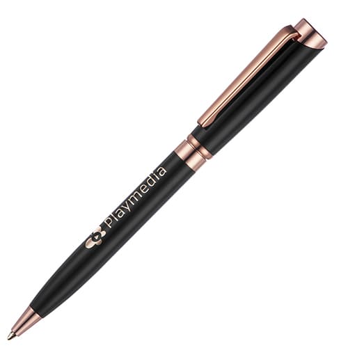 Promotional branded Lysander Rose Gold Metal Ballpens in black for giveaways