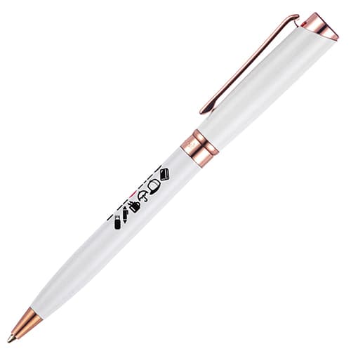 Custom branded Lysander Rose Gold Metal Ballpens in white for events