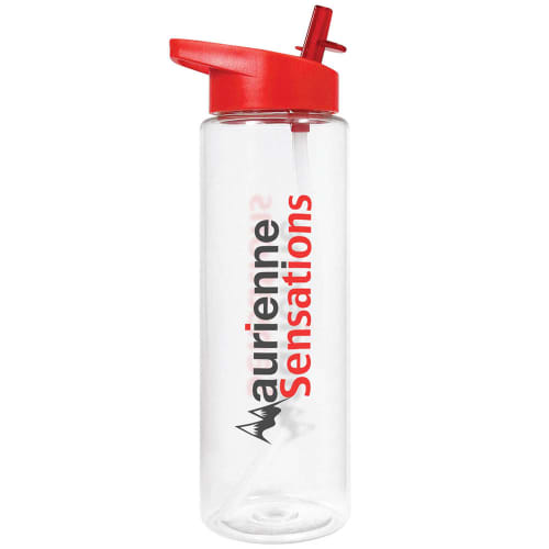 Promotional Flow Tritan Plastic Bottles with a red lid and company logo branded