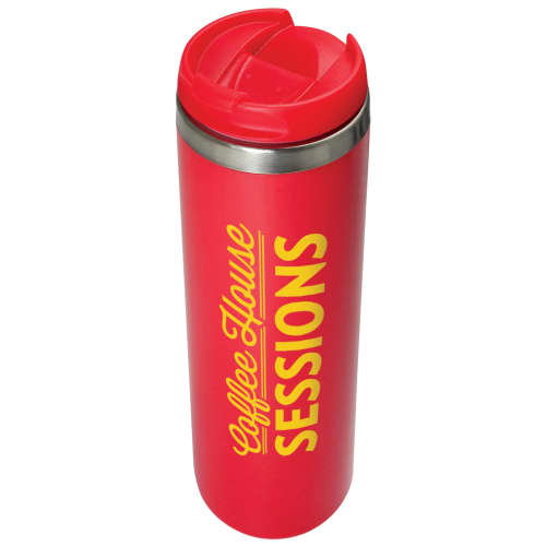 Promotional company branded Thermal Steel Travel Mugs in red from Total Merchandise