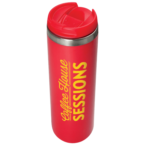Promotional company branded Thermal Steel Travel Mugs in red from Total Merchandise