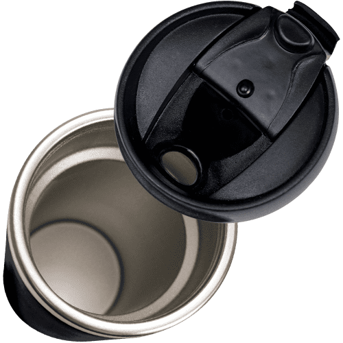 Promotional Thermal Steel Travel Mugs showing the steel inside and spill proof lid