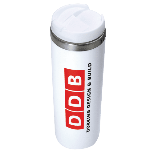 Company printed Thermal Steel Travel Mugs in white from Total Merchandise