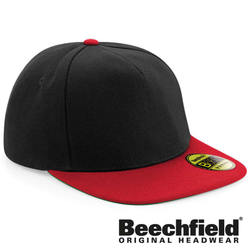 Black/Classic Red Beechfield Original Flat Peak Snapbacks Embroidered with Your Company Logo