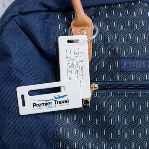 Lifestyle image of the Recycled Plastic Luggage Tags with a design from Total Merchandise