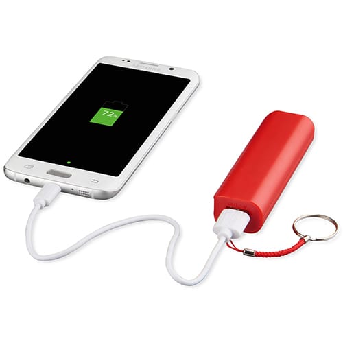 Promotional printed Power Banks connected to a phone charging it up from Total Merchandise