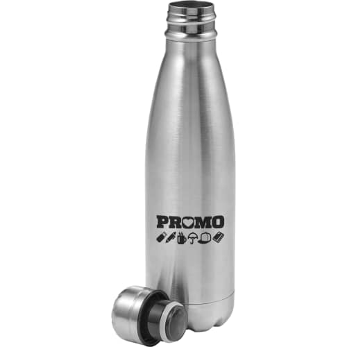 Double Walled Metal Bottles available in silver with the cap unscrewed from Total Merchandise