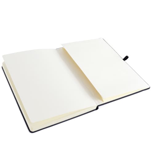 A5 Soft Feel Plain Page Notebooks with back pocket for notes in opened position by Total Merchandise