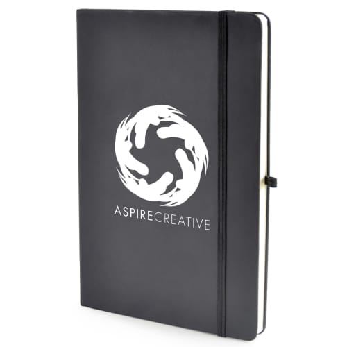 Branded A5 Soft Feel Plain Page Notebooks in black with printed design on front by Total Merchandise