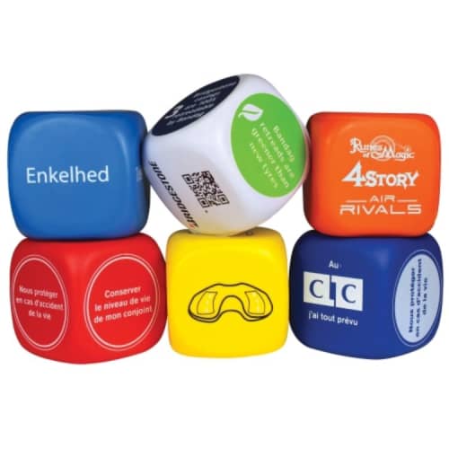 Bespoke Stress Decision Dice displaying different brands with printed labels from Total Merchandise