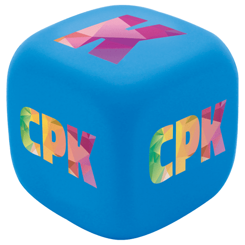 Corporate Stress Decision Dice with spot coloured label from Total Merchandise