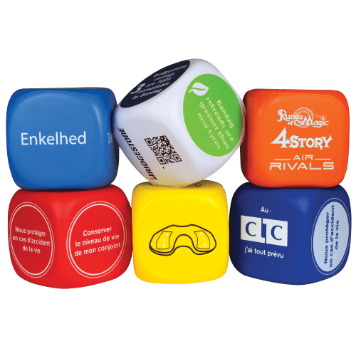Bespoke Stress Decision Dice displaying different brands with printed labels from Total Merchandise