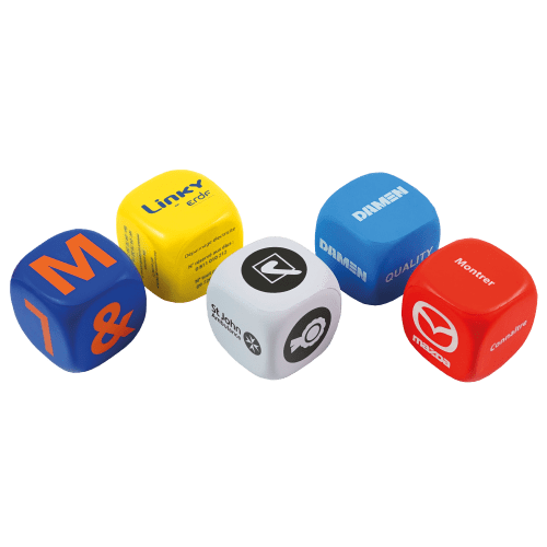 Logo-branded Stress Decision Dice with spot coloured label from Total Merchandise