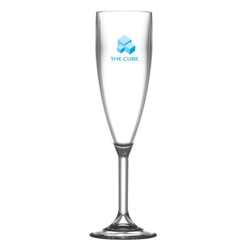 Custom-branded 6oz Reusable Plastic Champagne Flute with spot coloured logo from Total Merchandise