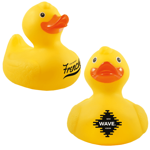 Tradeshow Squeaky Rubber Duck with spot colour printed designs from Total Merchandise