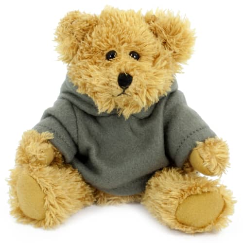 Promotional teddy bear wearing a grey hoody