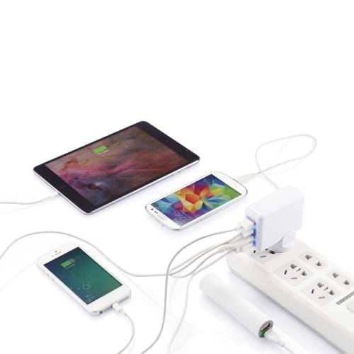 Branded travel plug with 4 USB ports for business or leisure trips