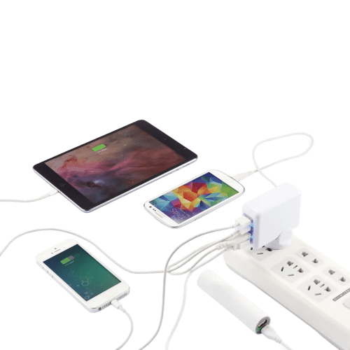 Branded travel plug with 4 USB ports for business or leisure trips