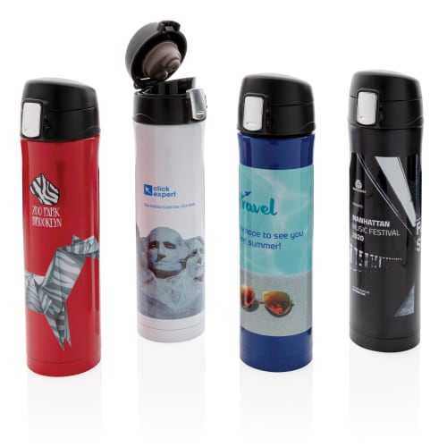 Promotional Easy Lock Vacuum Flasks in 4 Colours Printed in Full Colour by Total Merchandise