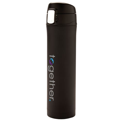 Promotional Easy Lock Vacuum Flasks in Black Printed with a Logo by Total Merchandise