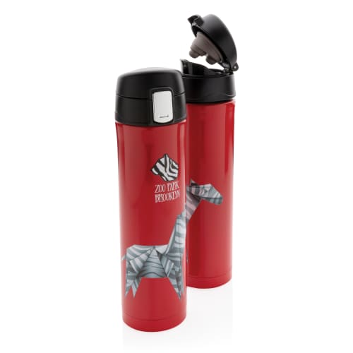 Logo Printed Easy Lock Vacuum Flasks in Red with Full Colour Designs from Total Merchandise