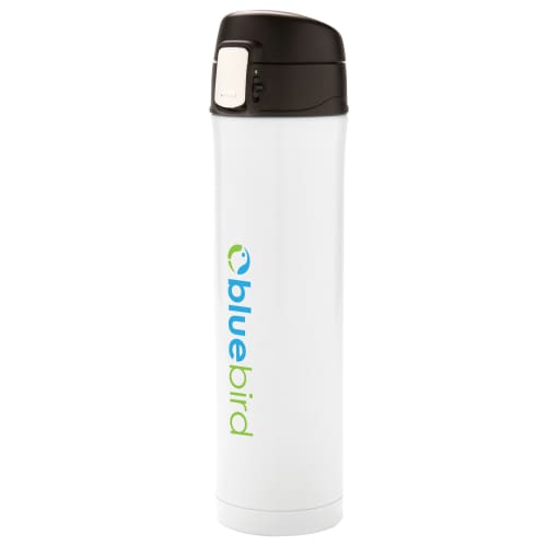 Branded Easy Lock Vacuum Flasks in White Printed with a Logo by Total Merchandise