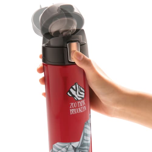 Action Shot of Branded Easy Lock Vacuum Flasks in Red Printed with a Logo by Total Merchandise