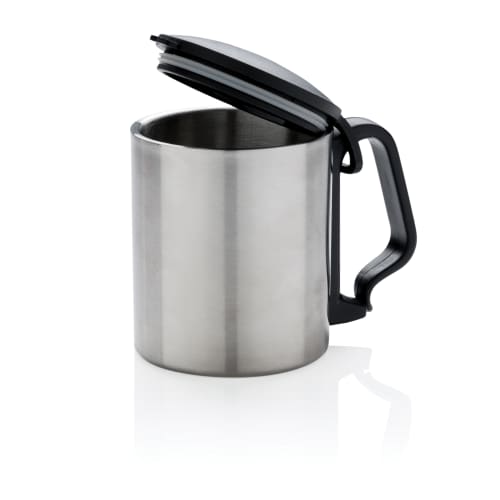 Branded double-walled coffee mug with lid and carabiner