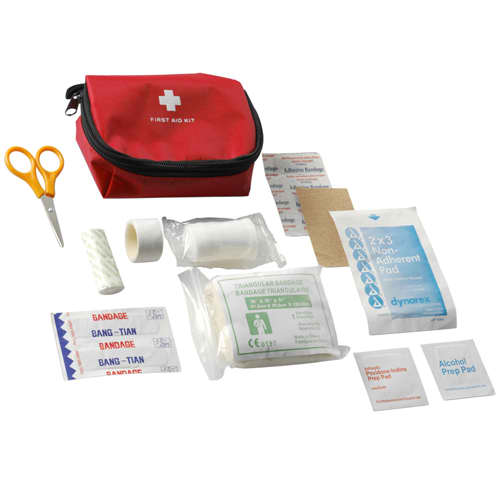 Custom Printed First Aid Kit with all the contents laid out from Total Merchandise