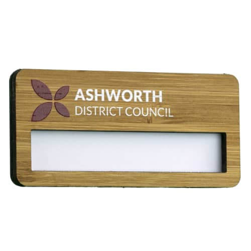 Engraved bamboo name badges with window from Total Merchandise