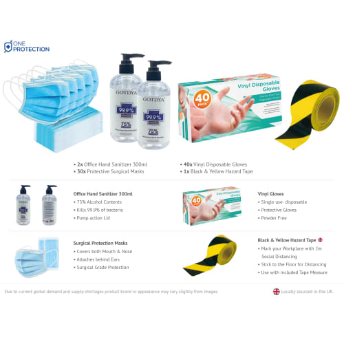 Disposable gloves, hand sanitiser, floor tape & surgical face mask set from Total Merchandise