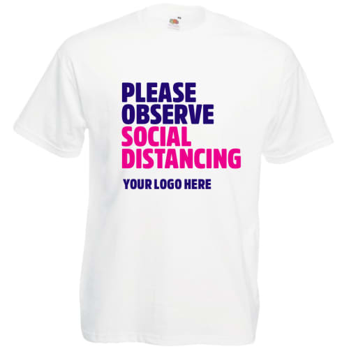 Printed T Shirts With Social Distancing Message In Pink & Purple From Total Merchandise