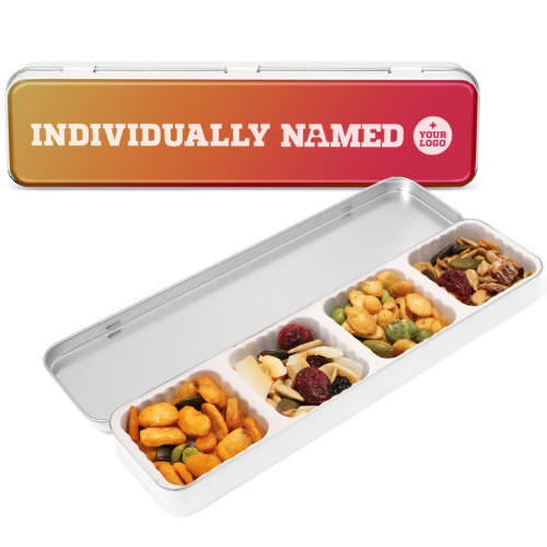 Custom branded Protein Snack Slim Tins printed with the individual names from Total Merchandise