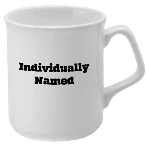 Custom personalised Individually Named Sparta Mugs with clients or colleagues names printed on them
