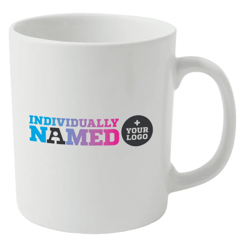 Company logo Individually Named Cambridge Mugs with staff names from Total Merchandise