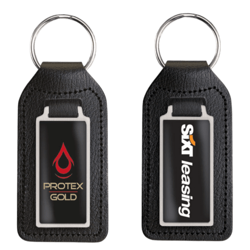 Customisable Bonded Leather Medallion Keyfobs in Black printed with your logo from Total Merchandise