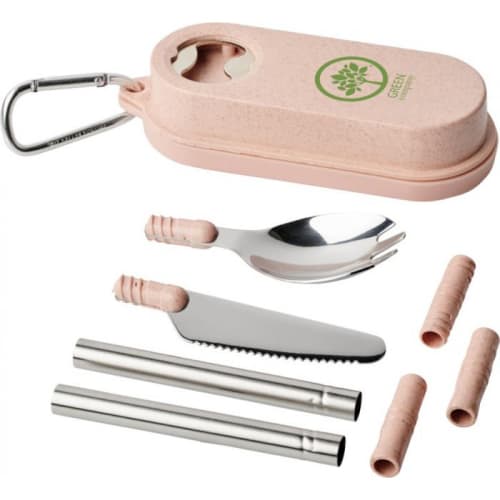 Branded Eco Cutlery Sets in Light Pink from Total Merchandise