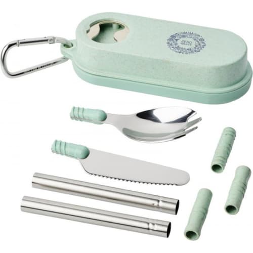 Corporate Branded Portable Cutlery Sets with Bottle Opener in Mint Green from Total Merchandise