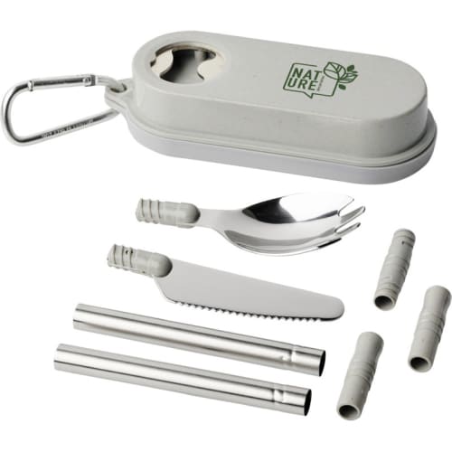 Promotional Giles Wheat Straw Cutlery Set with Bottle Opener in Grey from Total Merchandise